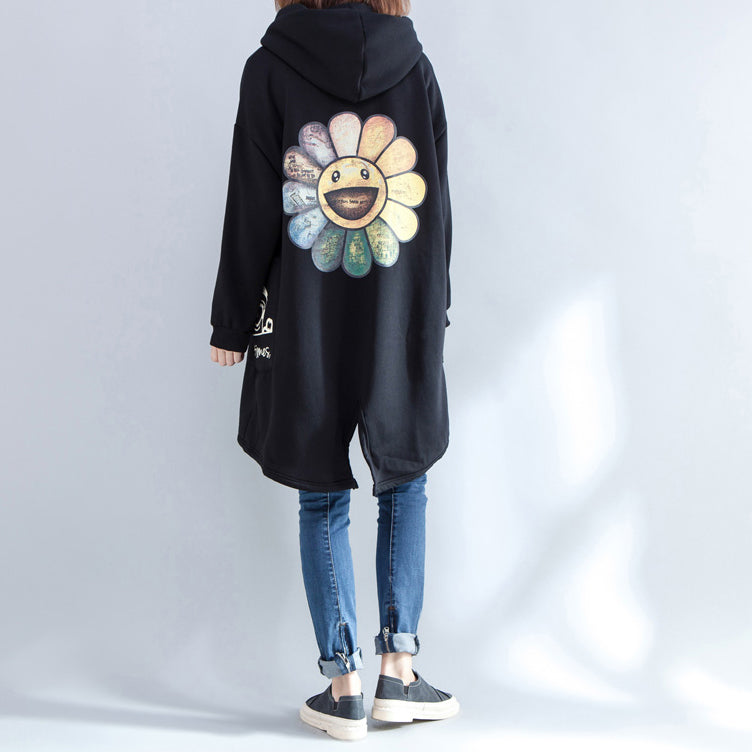 WW | neue Drucke schwarze lässige Mäntel Oversize Kapuzen Rückseite offen Cardigans Kleidung