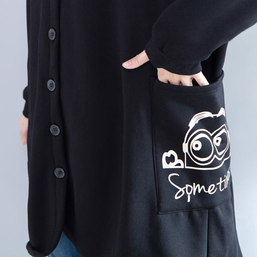 WW | neue Drucke schwarze lässige Mäntel Oversize Kapuzen Rückseite offen Cardigans Kleidung