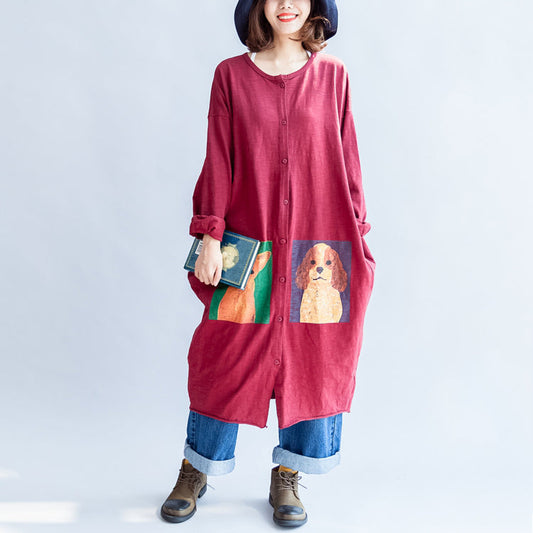 WW | rote lässige Baumwollmäntel oversized O-Ausschnitt langärmlige Cardigans