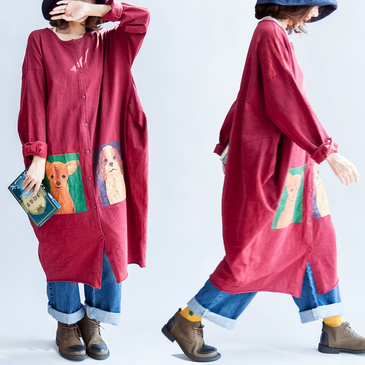 WW | rote lässige Baumwollmäntel oversized O-Ausschnitt langärmlige Cardigans