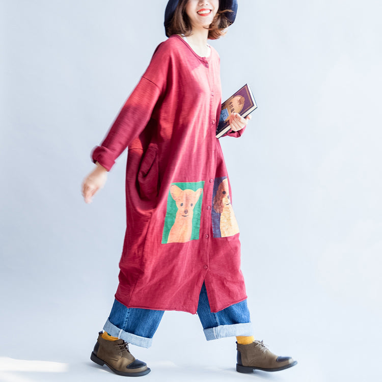 WW | rote lässige Baumwollmäntel oversized O-Ausschnitt langärmlige Cardigans