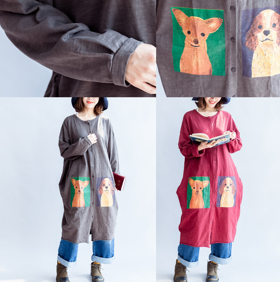 WW | red casual cotton coats oversized O-neck long-sleeved cardigans