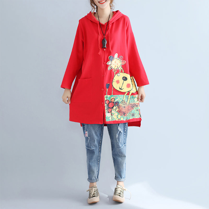 WW | red new plus size hooded cotton coats with print large pockets cardigans outerwear