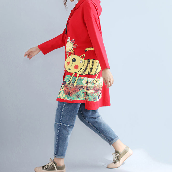 WW | red new plus size hooded cotton coats with print large pockets cardigans outerwear