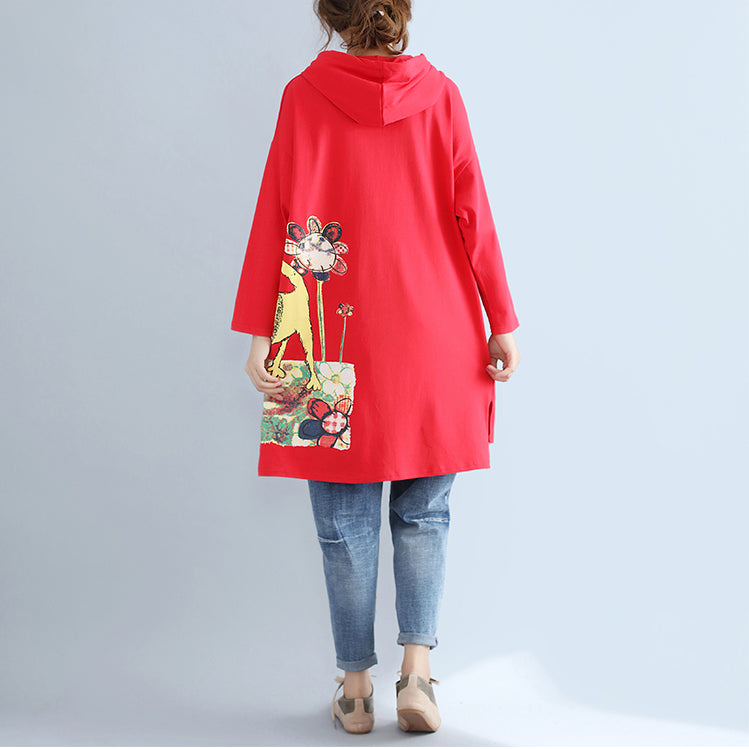 WW | red new plus size hooded cotton coats with print large pockets cardigans outerwear