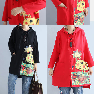 WW | red new plus size hooded cotton coats with print large pockets cardigans outerwear