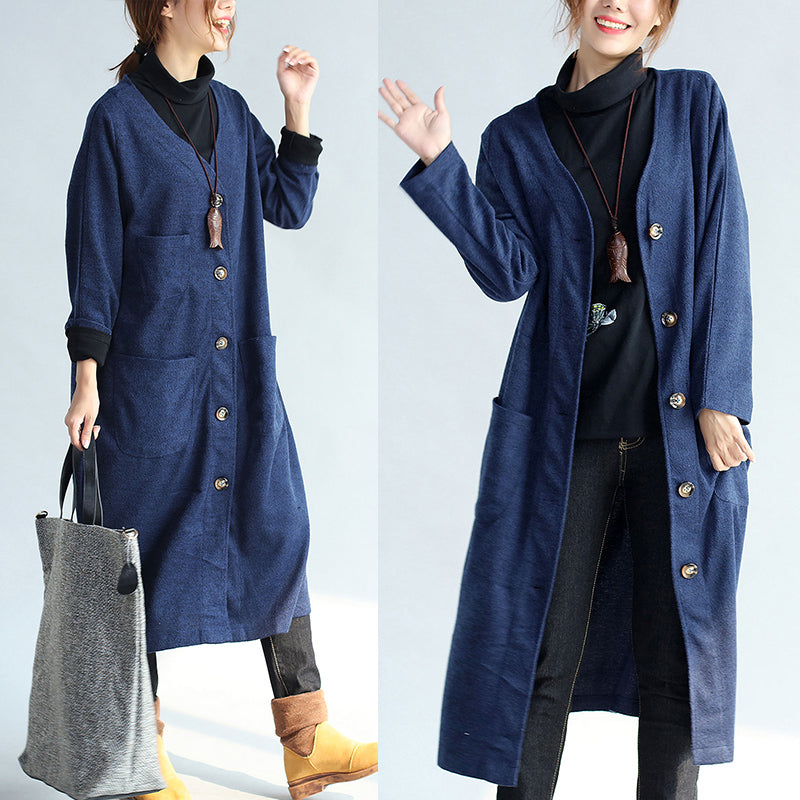 WW | Winter warm navy Baumwoll-Trenchcoats wollene lockere Taschen V-Ausschnitt Cardigans