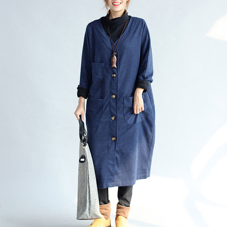 WW | Winter warm navy Baumwoll-Trenchcoats wollene lockere Taschen V-Ausschnitt Cardigans