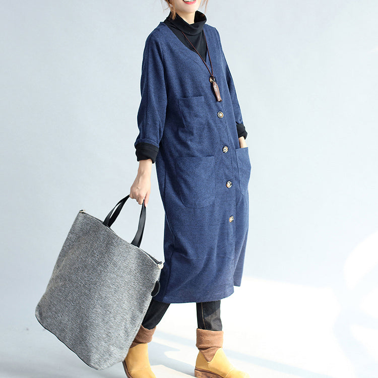 WW | Winter warm navy Baumwoll-Trenchcoats wollene lockere Taschen V-Ausschnitt Cardigans