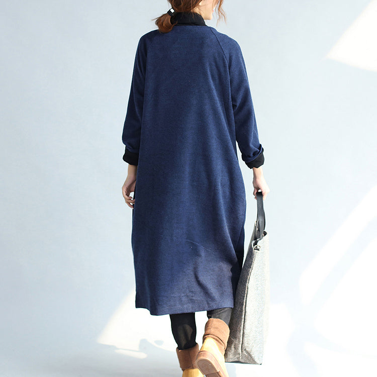 WW | Winter warm navy Baumwoll-Trenchcoats wollene lockere Taschen V-Ausschnitt Cardigans