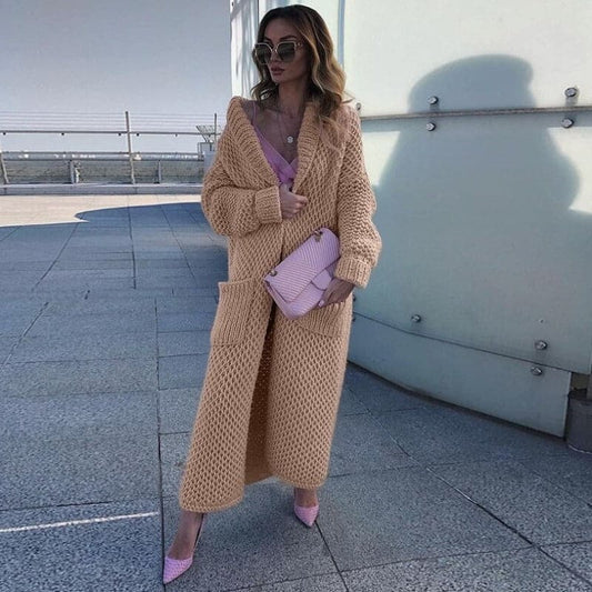 WW | Langer StrickStrickjacke Übergröße Offene Vorderseite Grobstrick Mit Taschen
