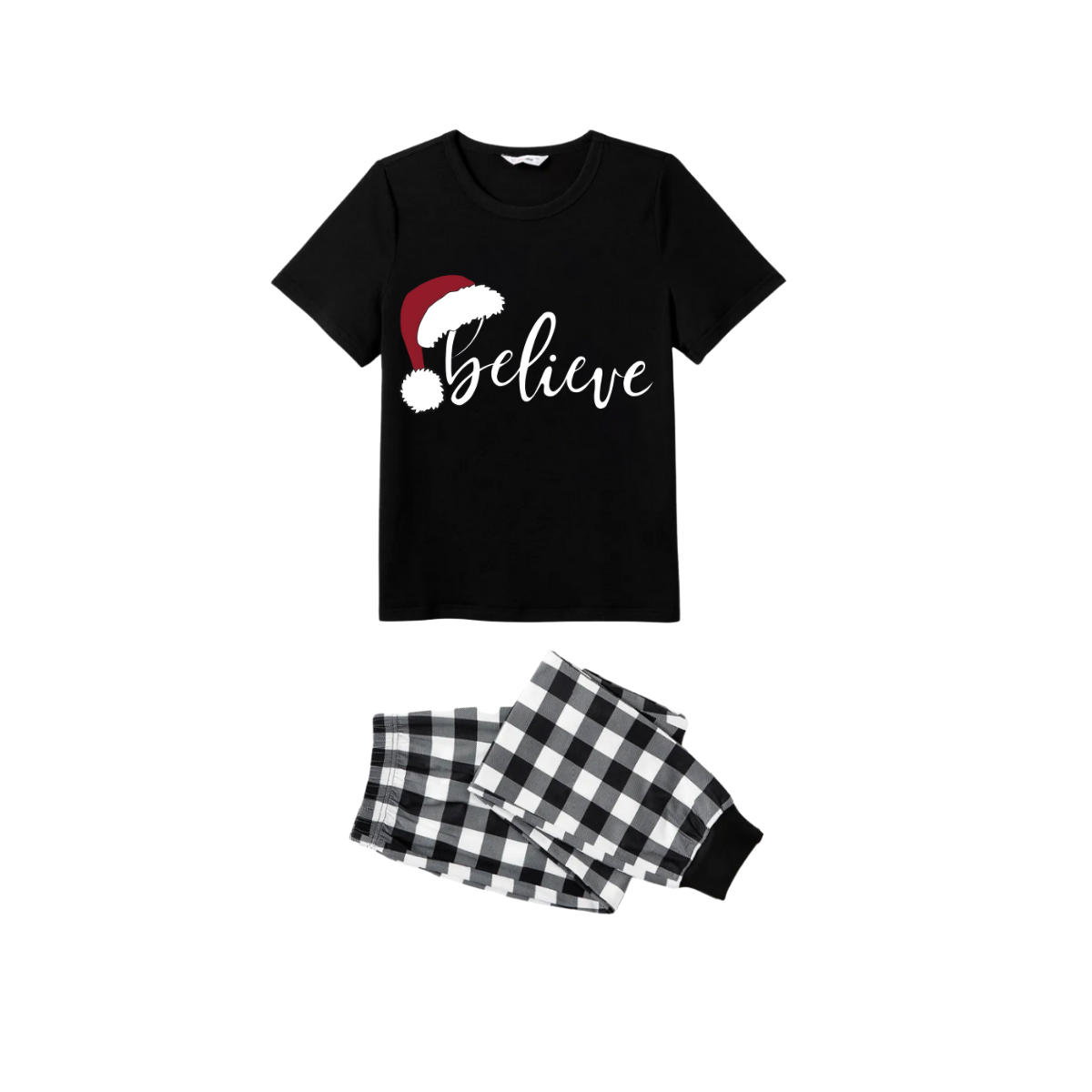 WW | Believe Couple Christmas Pajama Set - Black Top Black and White Plaid Pants White Text Graphic