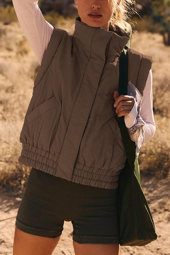 WW | Stehkragenknopf ärmellos lockerer Taschenkastenjacke