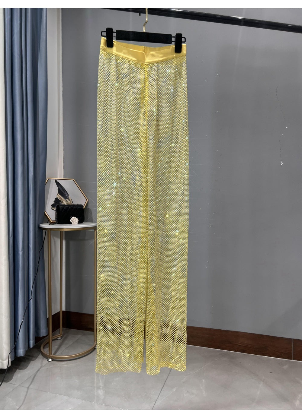 WW | Rhinestone Gerade Netz Weite Bein Slim Fit Schmeichelnde Mop Hosen