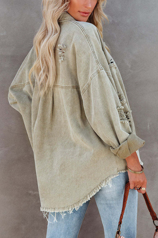 WW | Lapel Long Sleeve Ripped Denim Jacket