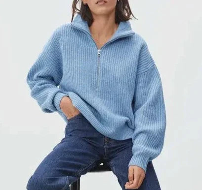 WW | Cozy thick knit sweater with zip-up collar for casual warmth