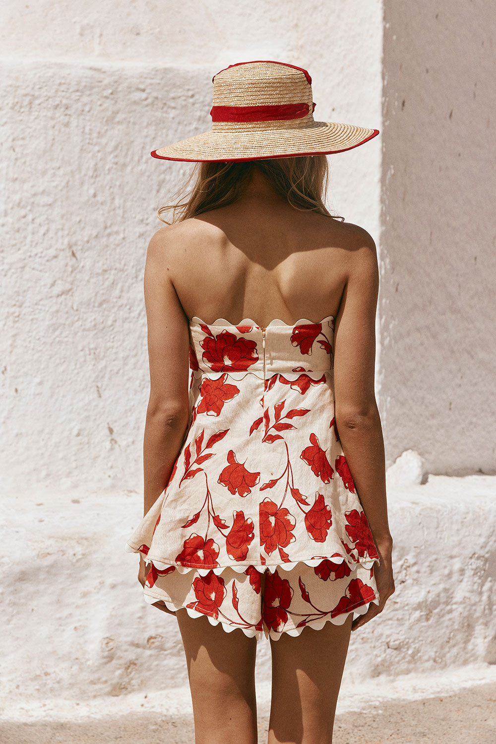 Rosella - Two-Piece Floral Print Ruffled Top and Elastic Waist Wavy Hem Shorts Set