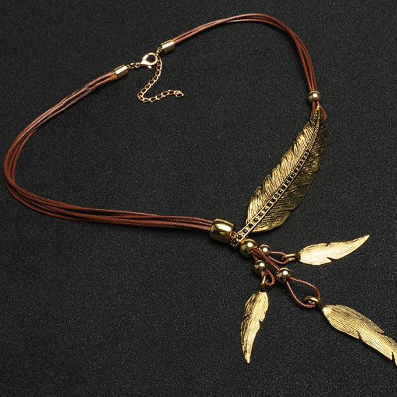 WW | Golden Feather Necklace In Bohemian Style