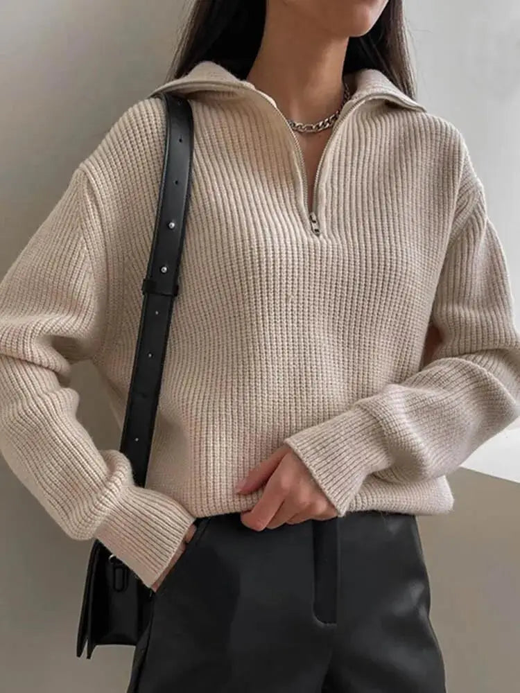 WW | Cozy thick knit sweater with zip-up collar for casual warmth
