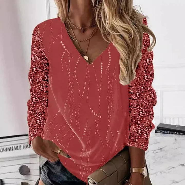 WW | Elegant V-Neck Shirt With Shimmering Sleeves