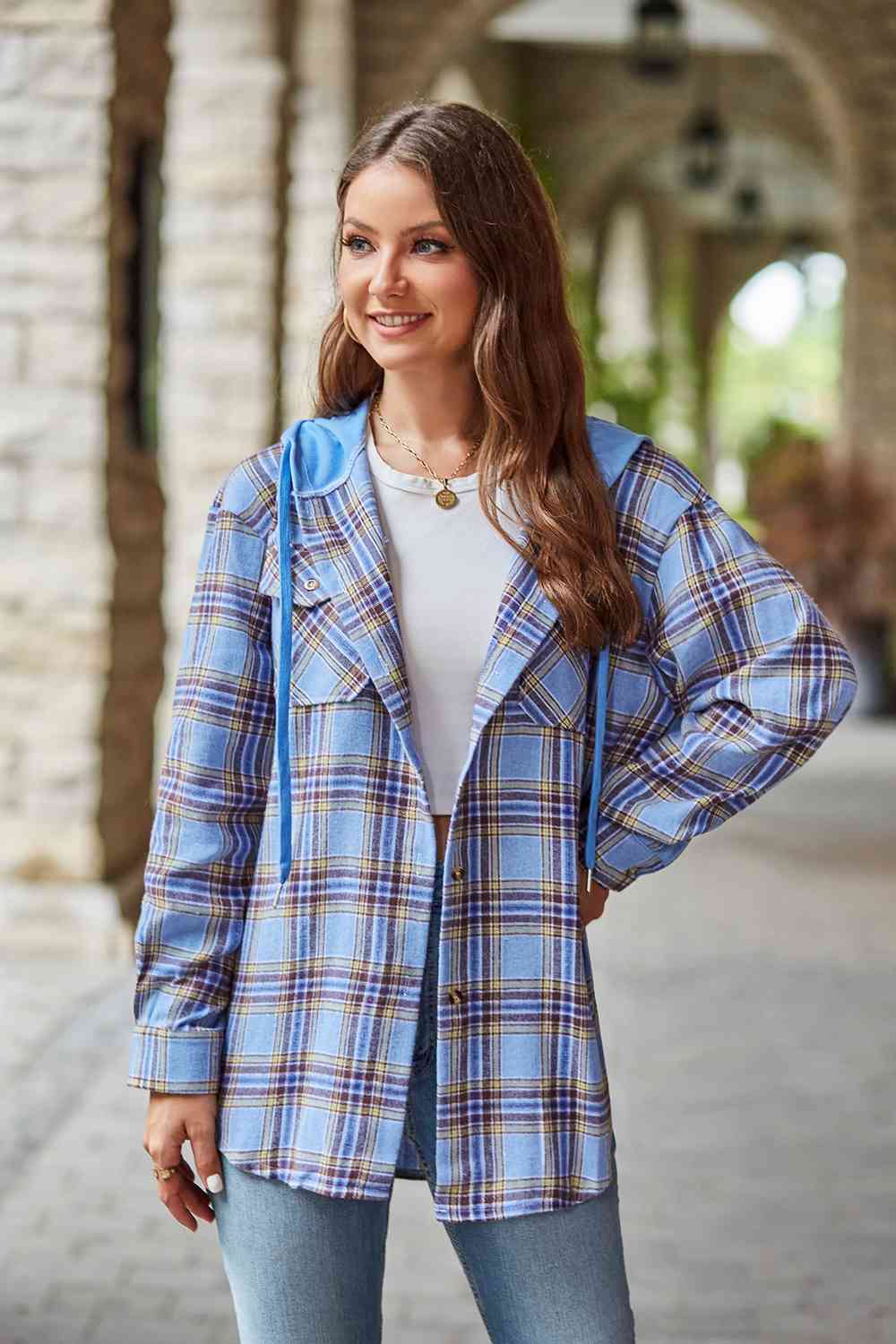 WW | Plaid Long-Sleeved Hooded Jacket