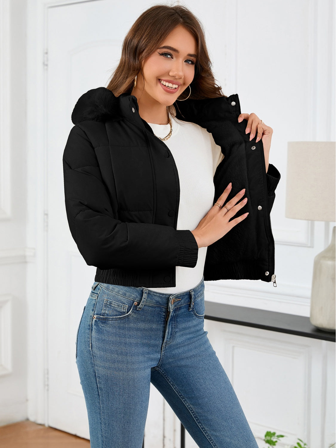WW | Cozy padded winter jacket with fur hood and pockets