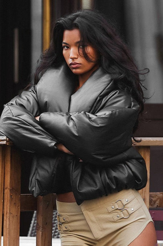 WW | Leder Stehkragen Cropped Pufferjacke
