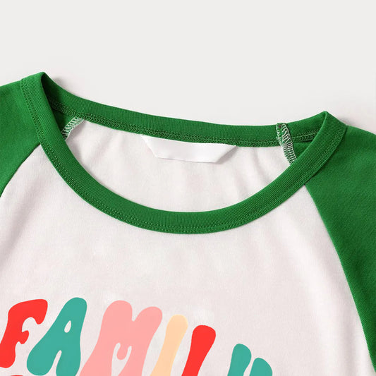 WW | Christmas 'Family Christmas 2024' Letter Print Patterned Casual Long-Sleeve Sweatshirts Green Contrast Tops and Black & Green Plaid Pants Family Matching Raglan Long-Sleeve Pajama Sets with Dog Bandana