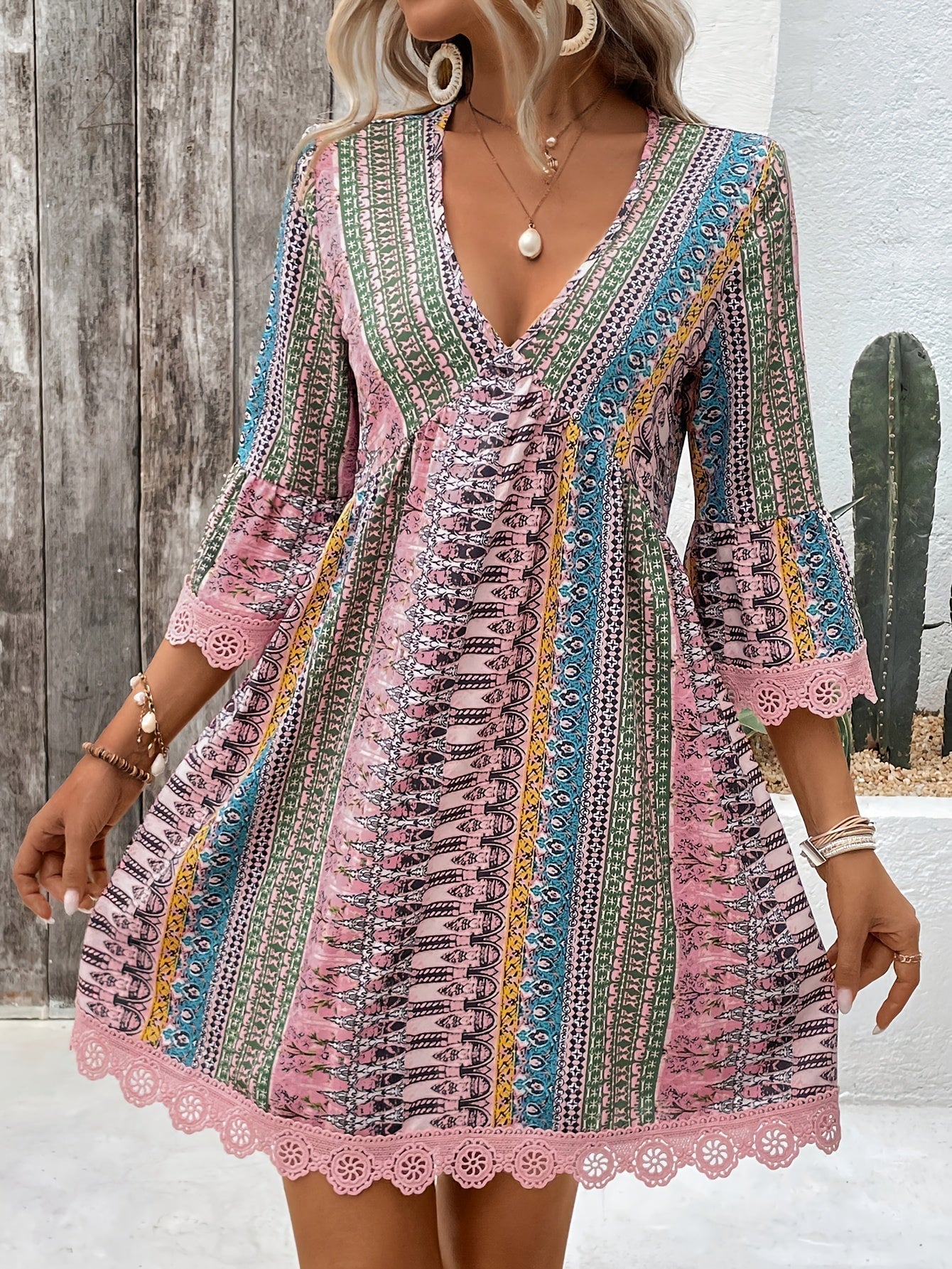Sofie - V-Neck Dress with Lace Trim
