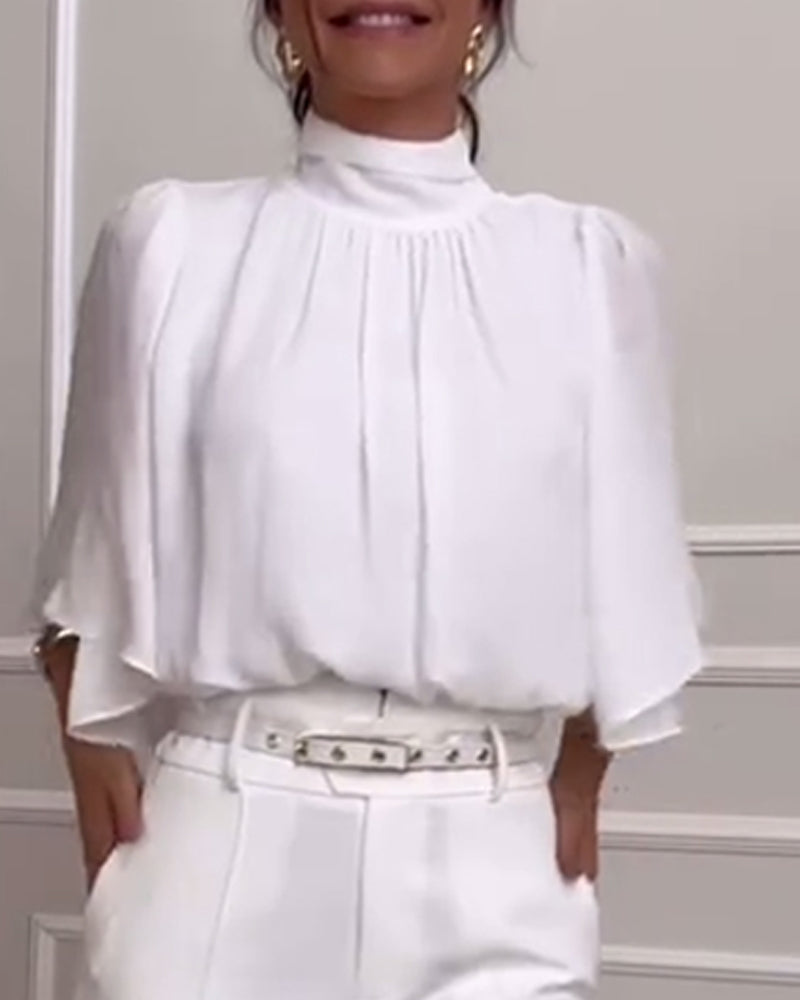 WW | Solid Colored Blouse with High Collar and Flutter Sleeves