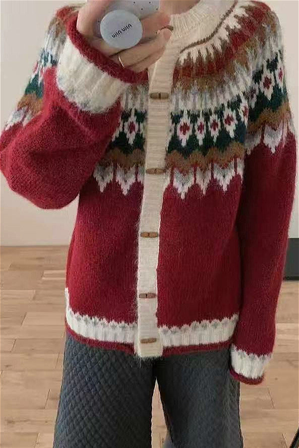 WW | Rundhals Fair Isle Weihnachten Hornknopf Strickjacke