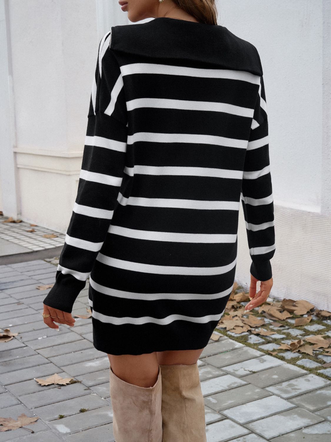WW | Schicker Herbst Gestreifter Quarter Zip Pullover Kleid für Frauen