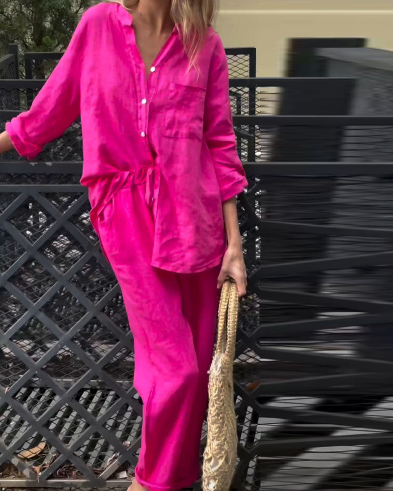 V-neck shirt and cotton trousers