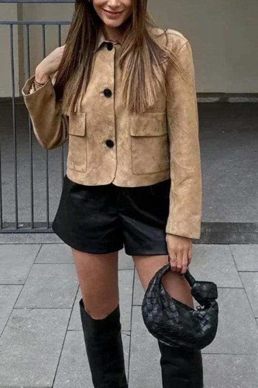 WW | Knopfverschluss Pocket Faux Suede Crop Jacke