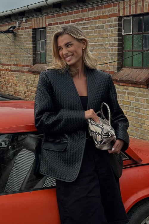 WW | Neck Woven Leather Long Sleeve Jacket