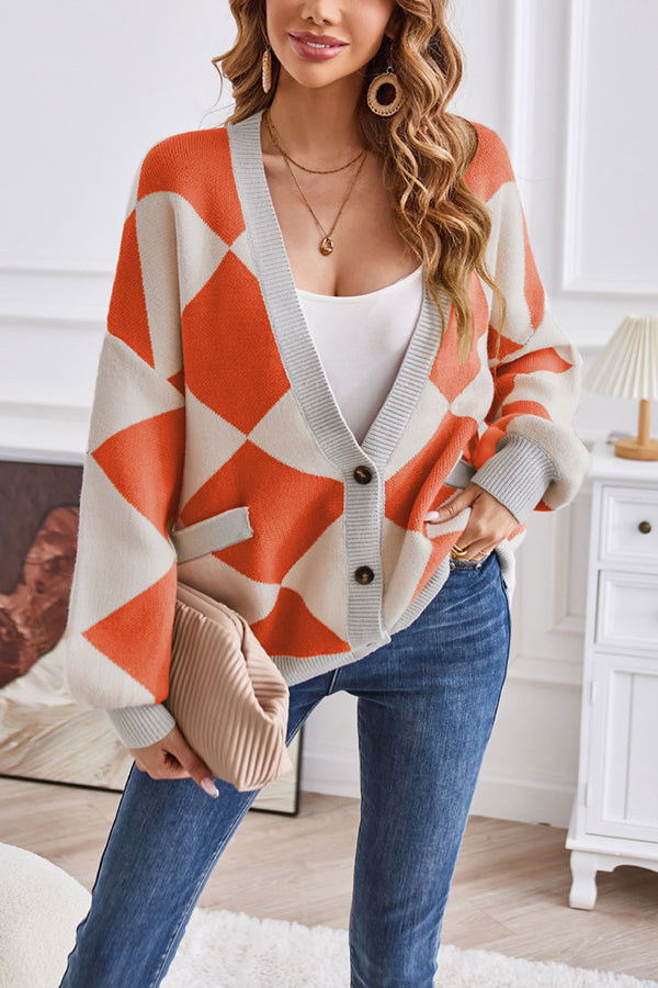 WW | Hals geometrisches Patchwork kontrastierender Strickcardigan lässige lockere Jacke