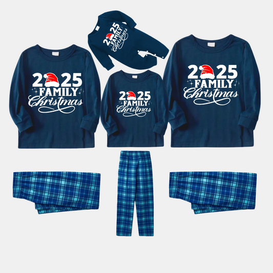 WW | "2025 Family Christmas" Text Print Blue Plaid Christmas Matching Pajamas