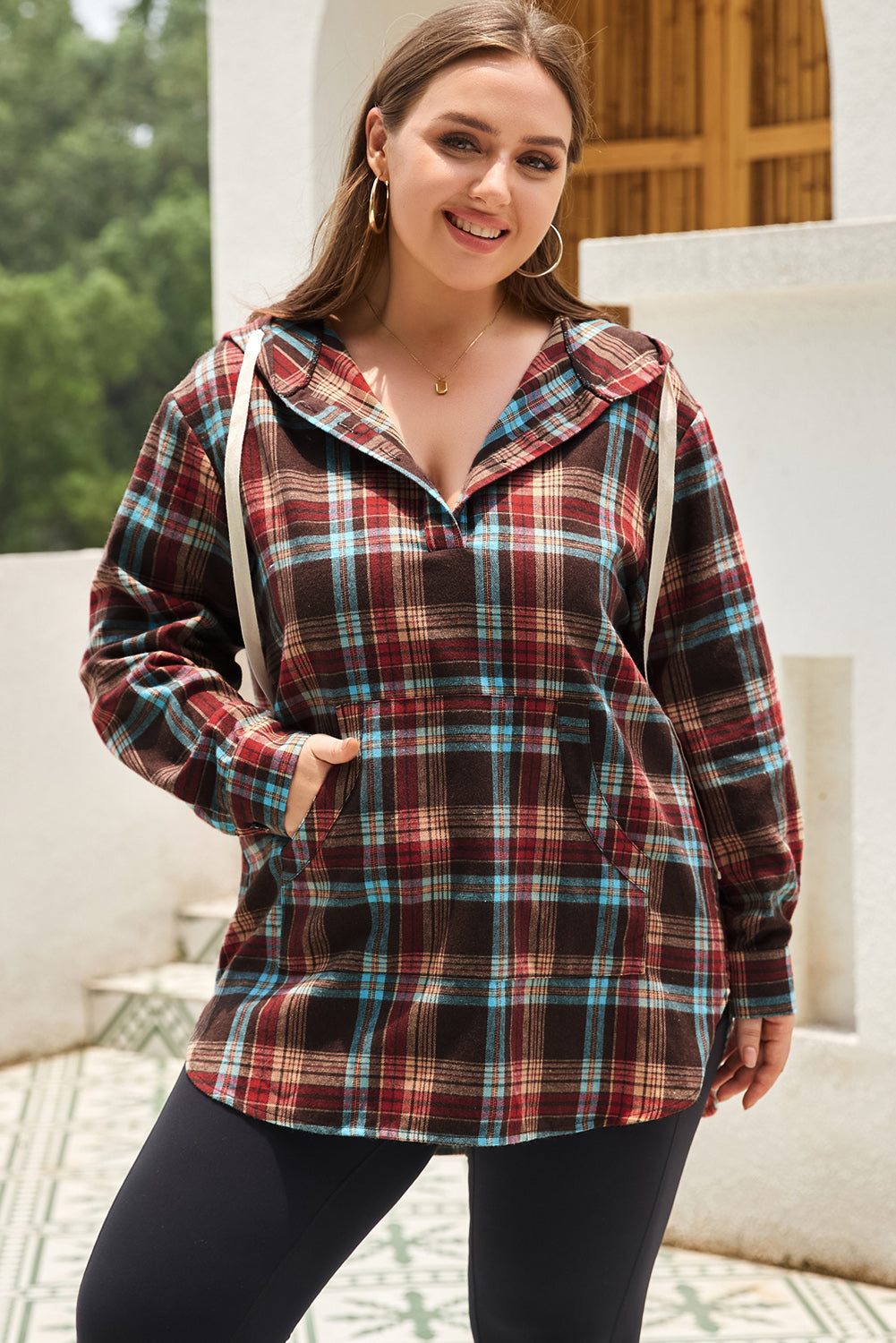 WW | Fiery Red Plus-Size Plaid Kangaroo Pocket Drawstring Hoodie