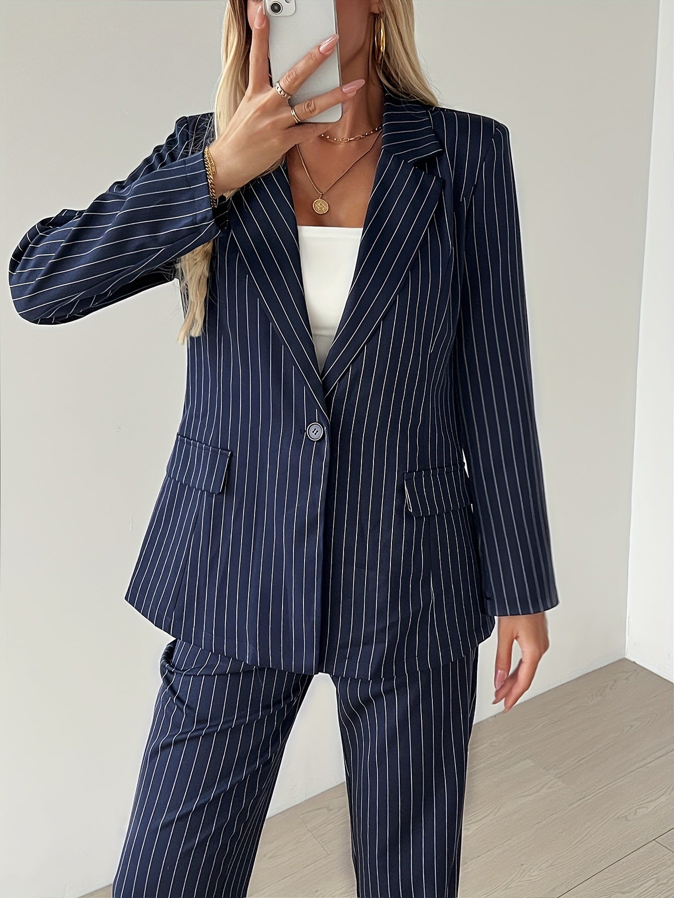 WW | Striped Button-Front Long Sleeve Blazer & High-Waisted Straight Leg Pants Outfit Set for Women - For Formal Occasions