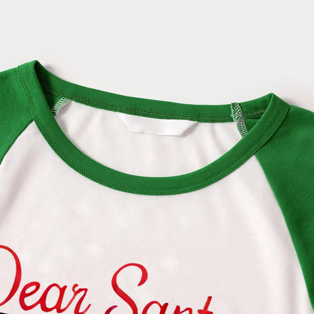 WW | Dear Santa Naughty List Letter Print Casual Long Sleeve Sweatshirts Green Contrast Top and Black-Green Plaid Pants Family Matching Raglan Long Sleeve Pajama Sets with Dog Bandana
