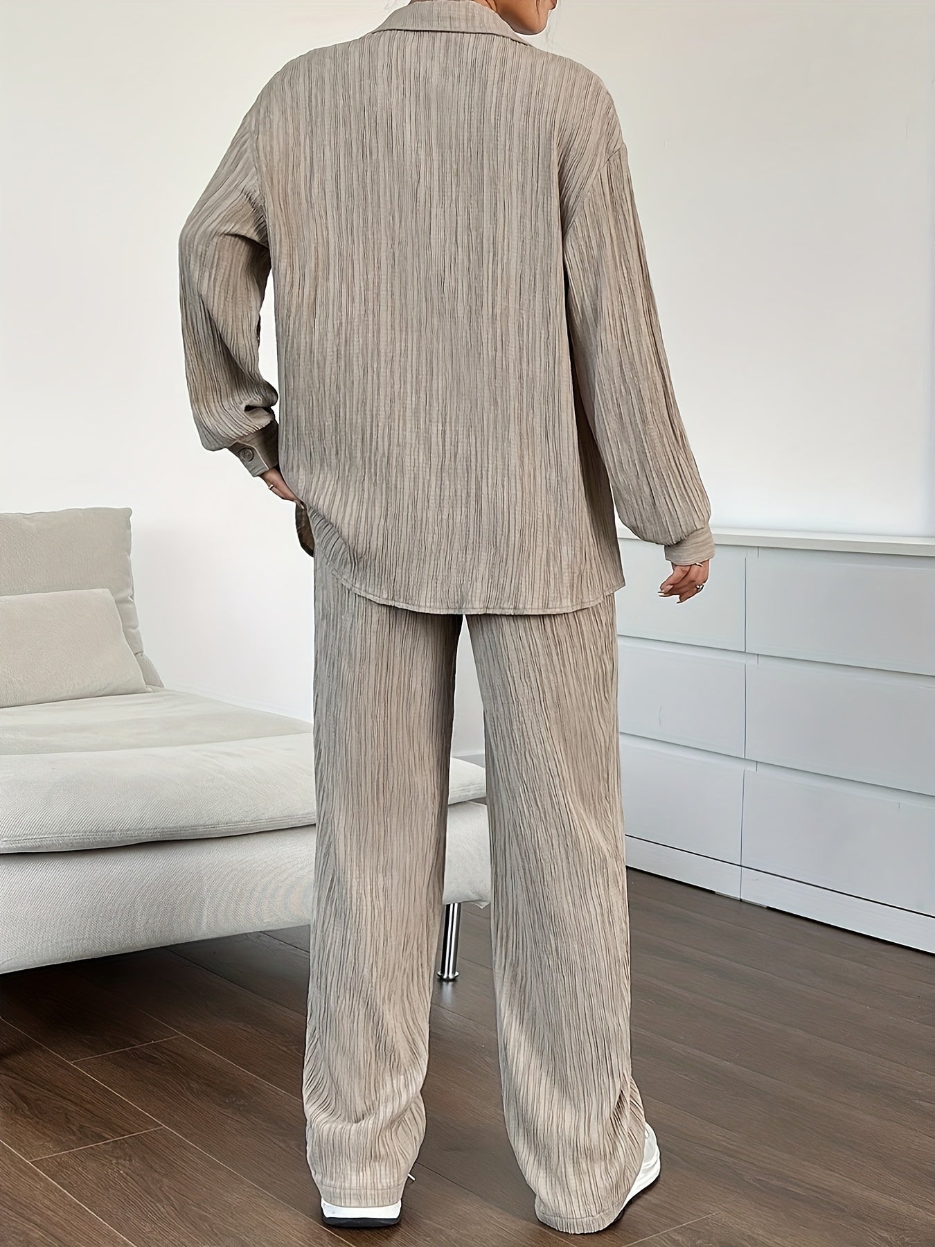 WW | Button-Down & Elastic Waistband Pants Outfit Set for Women - Ideal for Fall/Winter