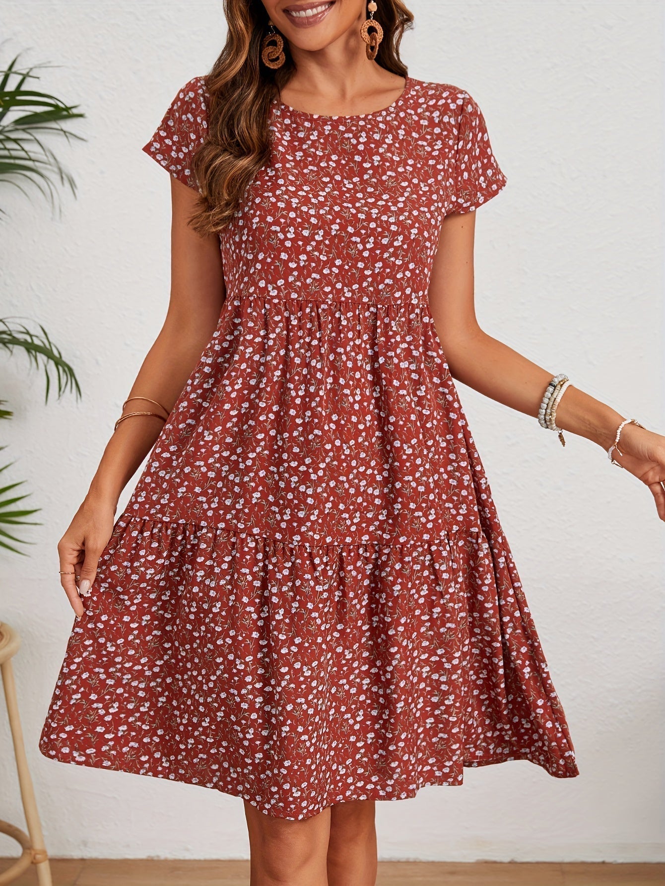 Callista - Floral Print Round Neck Dress