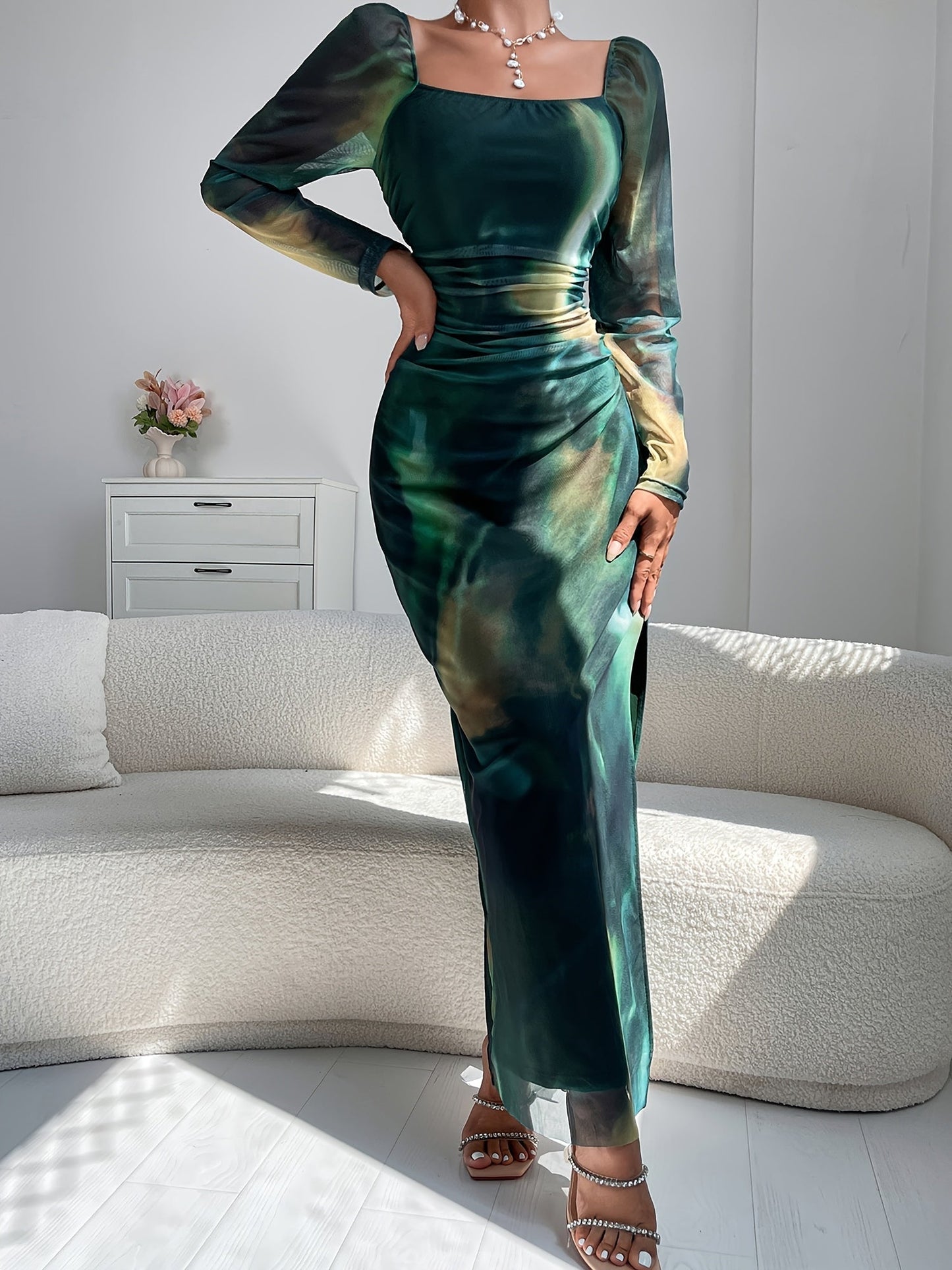Emeralda | Emerald Green Off-Shoulder Dress with Slit
