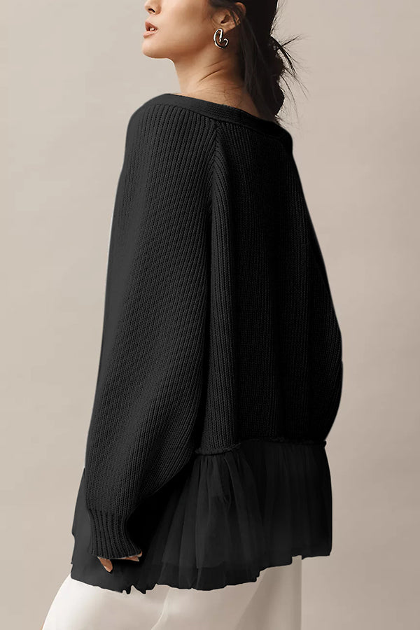 WW | Knit cardigan with mesh ruffle and long sleeves