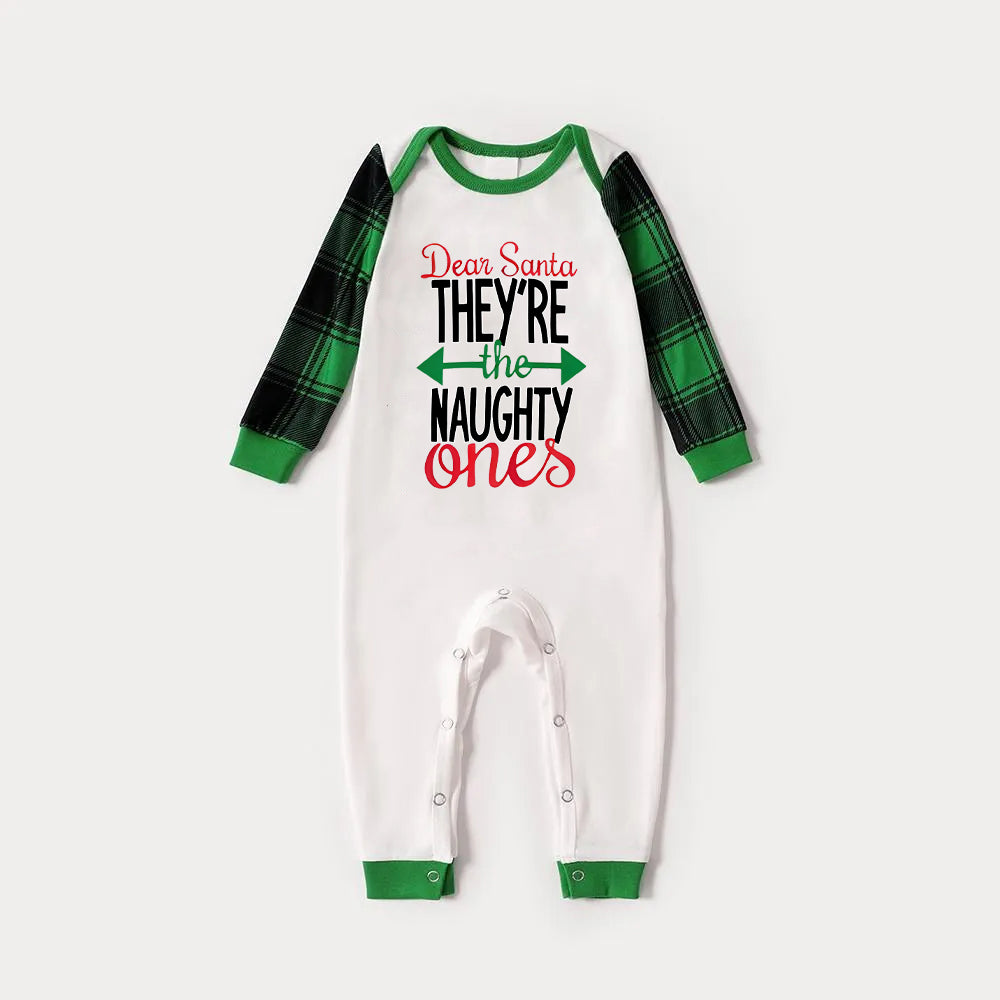 WW | Dear Santa Naughty List Letter Print Casual Long Sleeve Sweatshirts Green Contrast Top and Black-Green Plaid Pants Family Matching Raglan Long Sleeve Pajama Sets with Dog Bandana