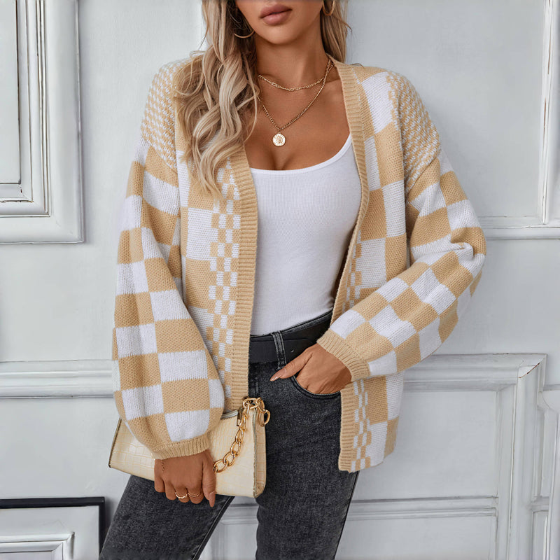 WW | Kariert Gestrickte Strickjacke für Damen