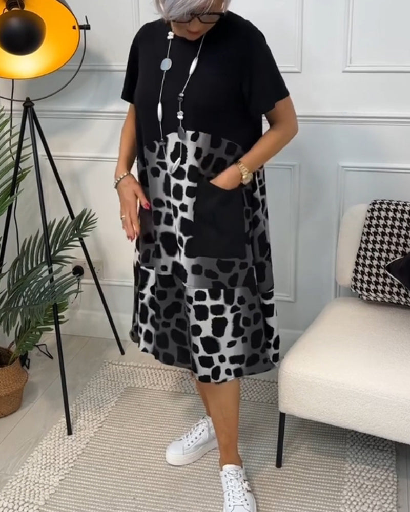 WW | Kurzärmliges, Bedrucktes Kleid mit Rundhalsausschnitt