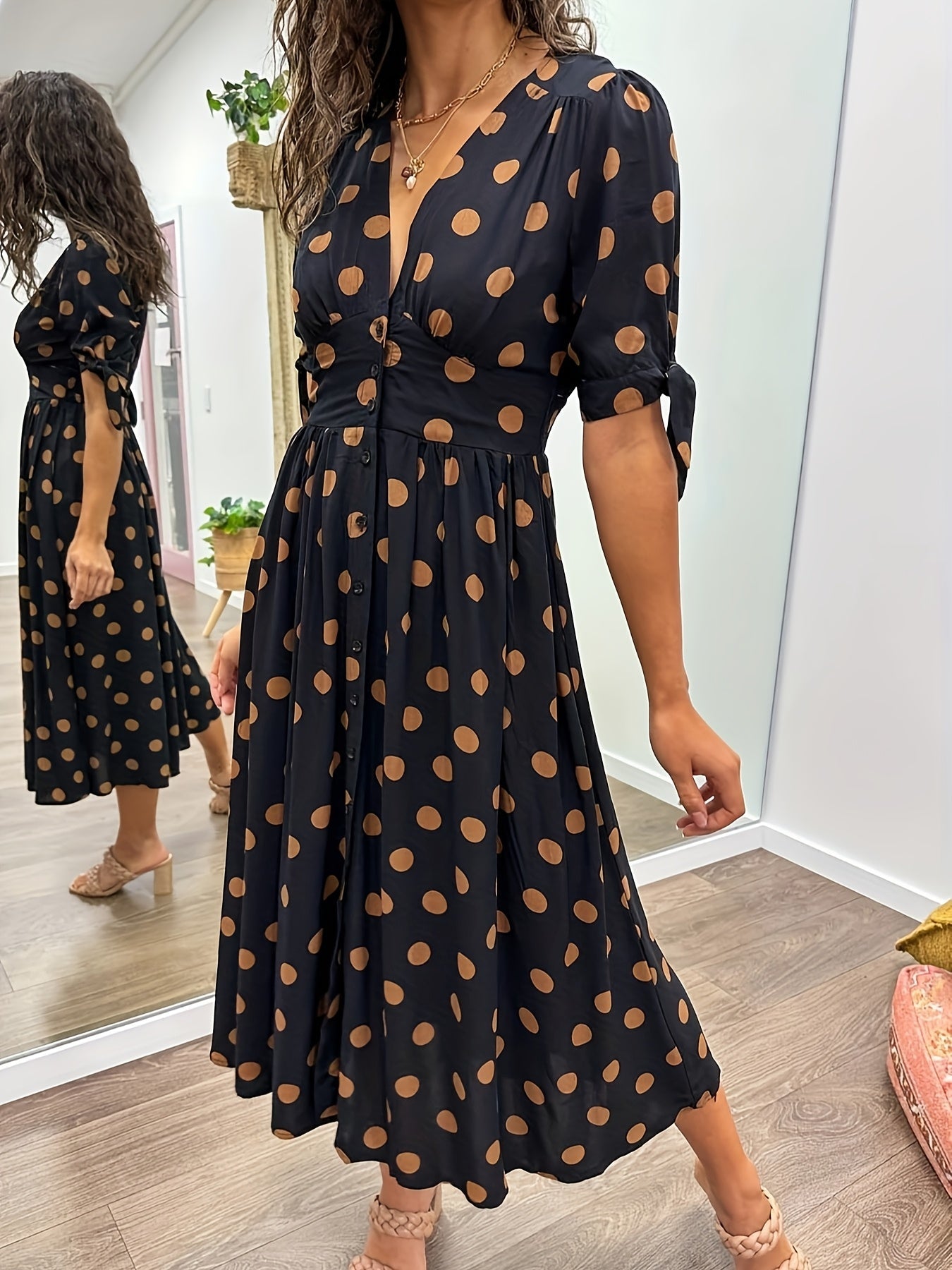 DALINA™ | Button-Front Midi with Polka-Dot Charm