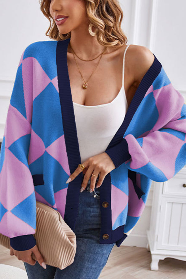 WW | Hals geometrisches Patchwork kontrastierender Strickcardigan lässige lockere Jacke
