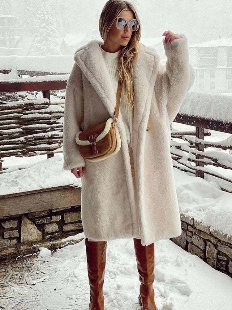 WW | Long Teddy Coat Plus Size Fit Soft Texture Large Lapel Collar